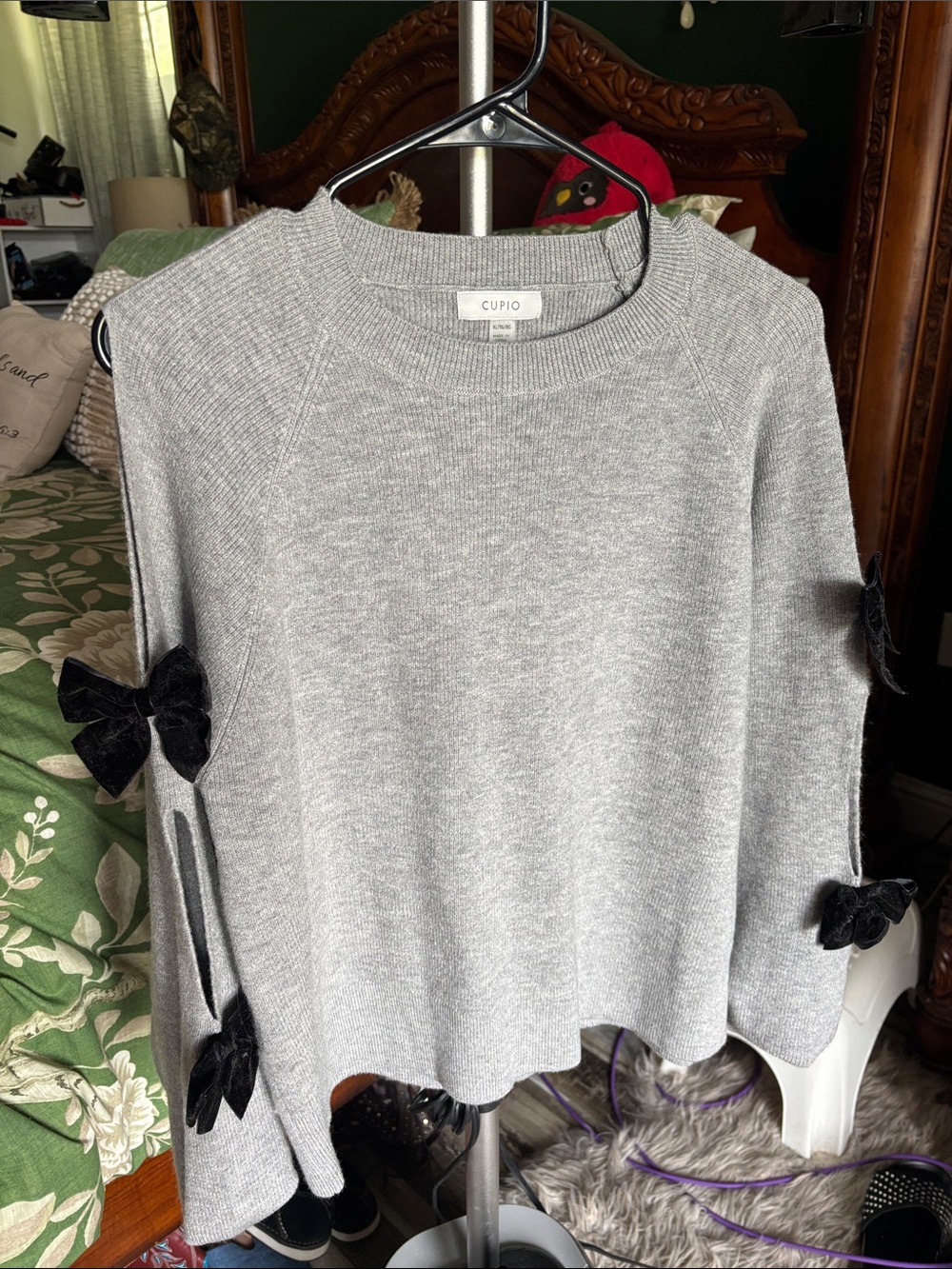 Cupio Gray Sweater with Black Velvet Bow Accents